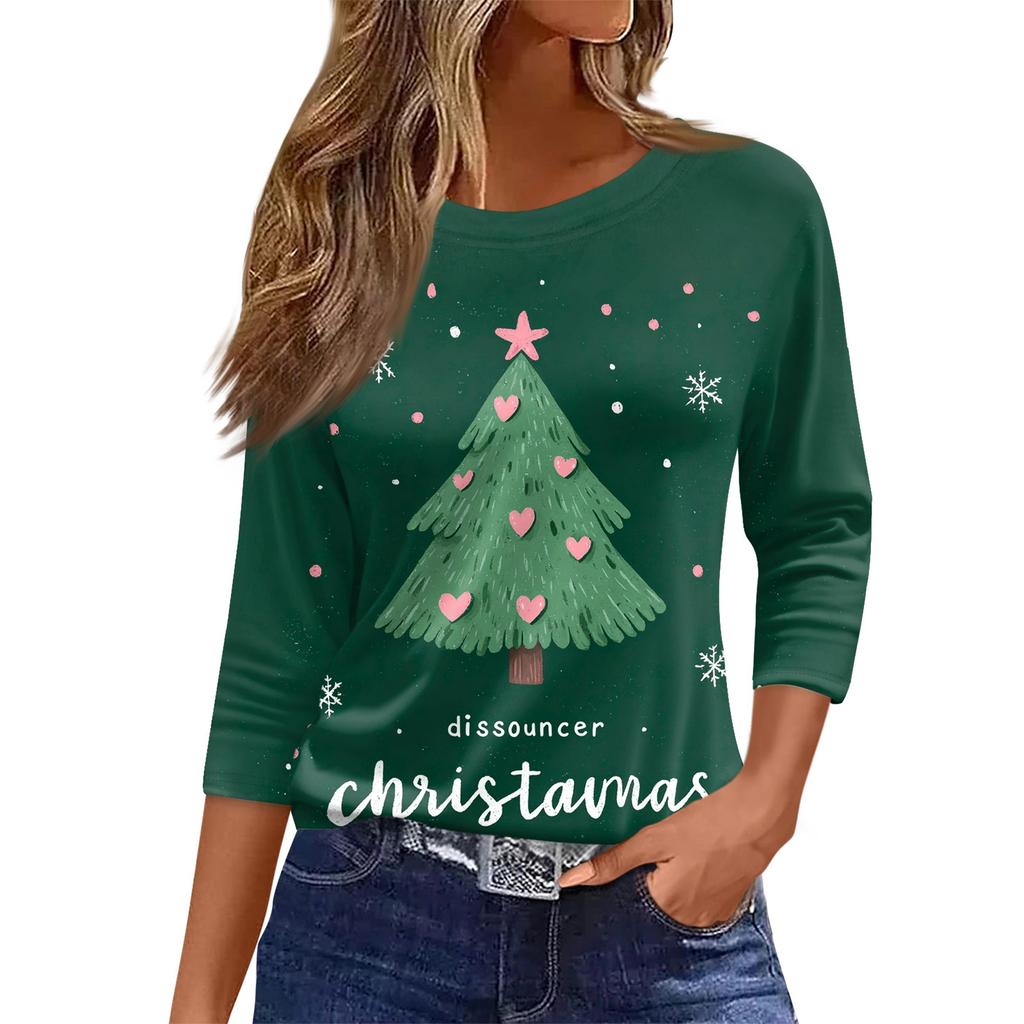 Women's O-Neck 3/4 Sleeve Christmas Print Top