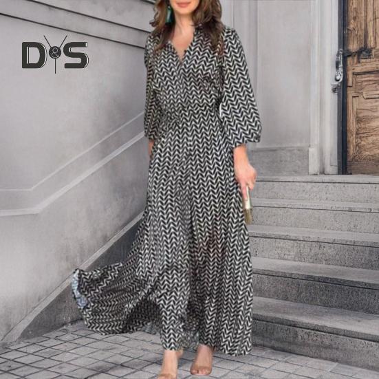 Женское летнее макси-платье с V-образным вырезом и длинным рукавом, струящееся платье А-силуэта, повседневный длинный пляжный сарафан для повседневных вечеринок в отпуске