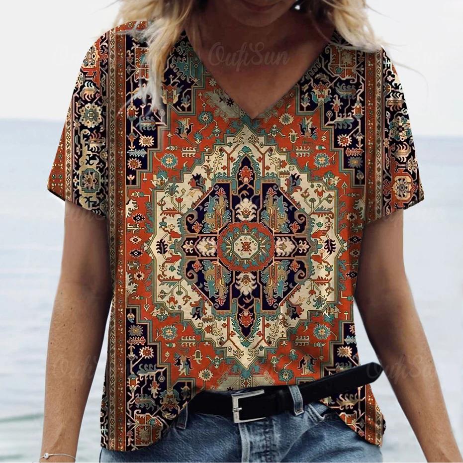 New Women T-shirt Ethnic Pattern Print Oversized Women's Trending Clothing Fashion Short Sleeve Shirt Women V-Neck Blouse 2024