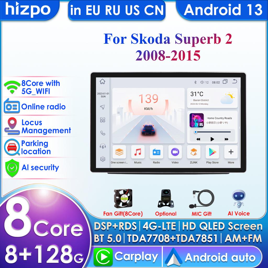 Hizpo Pro AI Android 13 Car Radio for Skoda Superb 2 2008 - 2015 Wireless CarPlay Android Auto Car Intelligent Systems Navigation GPS  Autoradio  DVR
