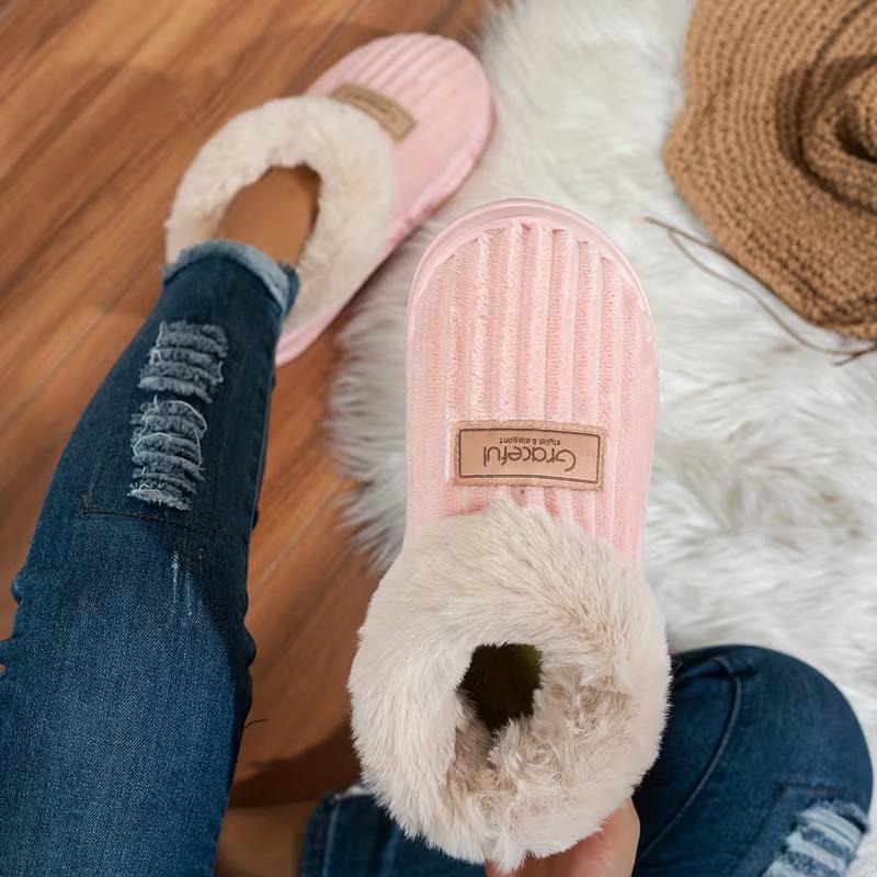 Зимние теплые тапочки на толстой подошве - Нескользящая подошва и мягкая амортизация, Уютные домашние тапочки для помещения/улицы с круглым удобным каблуком