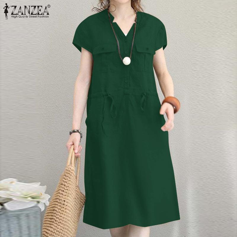 ZANZEA Summer Casual V-neck Short Sleeve Tunic Waist Shirt Dress