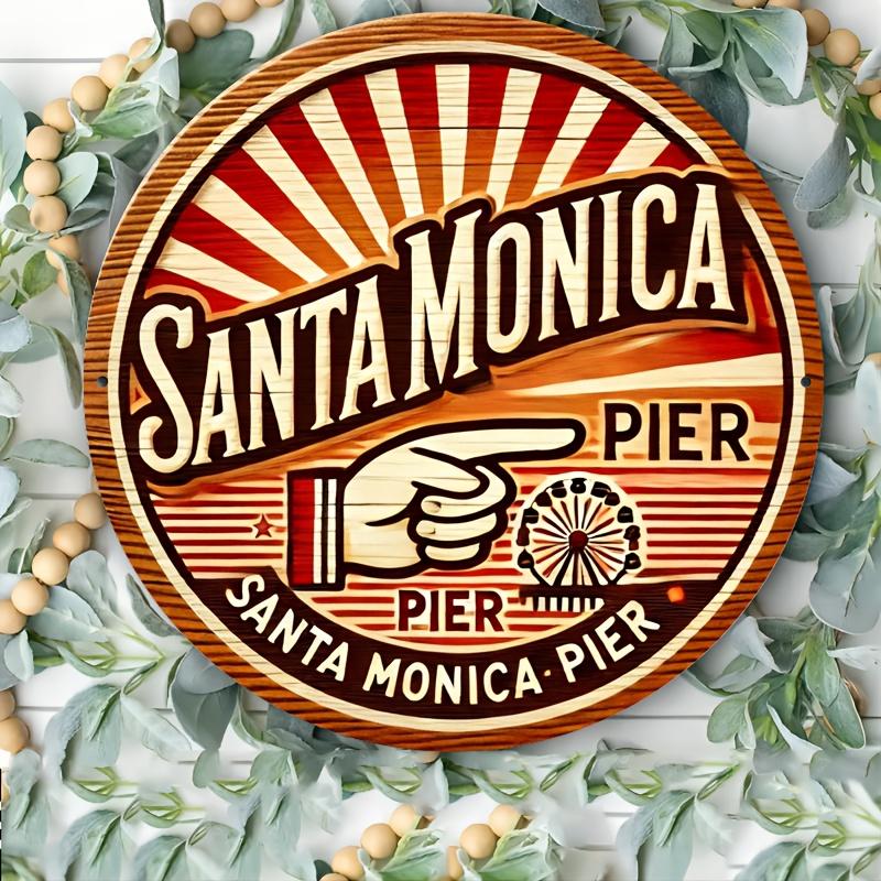 pc Santa Monica Pier Vintage Aluminum Sign x inch Round Wall Art Durable Metal Plaque for Home Office Bar Cafe Decor