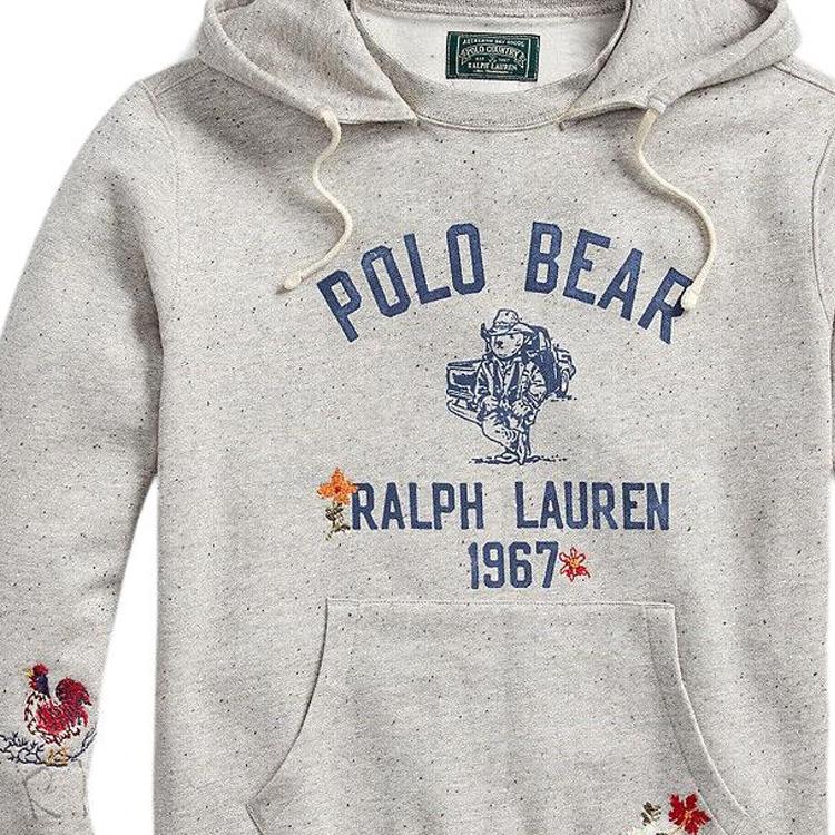 Свитшот с капюшоном и принтом медведя Polo Ralph Lauren Свободный мужской свитшот Серый 710937333-001