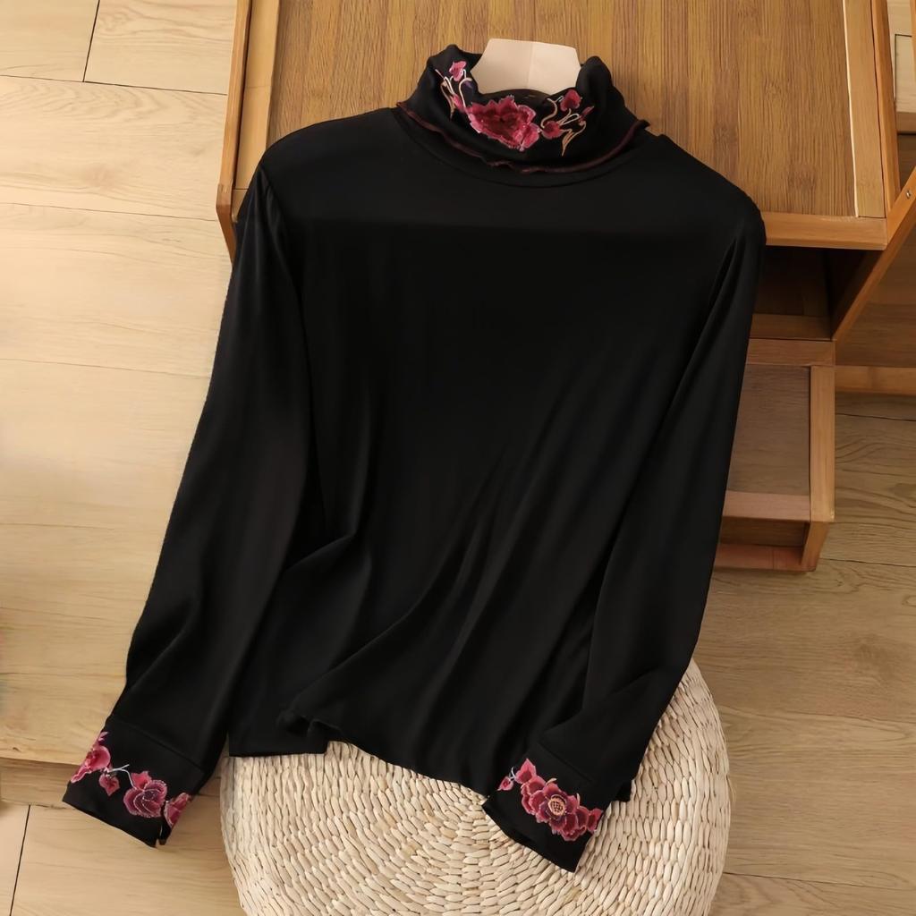 Женская модная литературная этническая вышивка Дын, ретро-топ с высоким воротом и длинными рукавами, вышитый