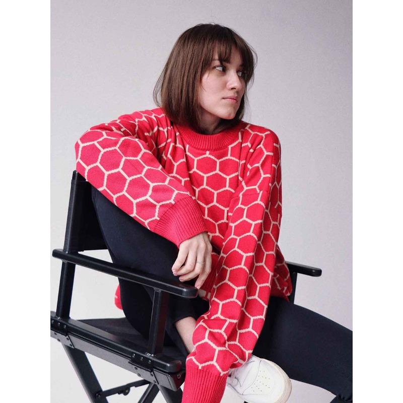 Women's Crew-neck Bee Print Loose-fitting Plaid Pullover Sweater