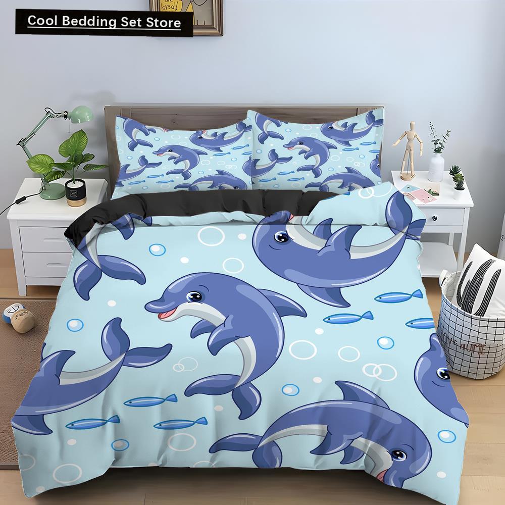 Bule Dolphin Whale King Queen Duvet Cover Underwater World Bedding Set Cartoon Sea Animal Comforter Cover Polyester Quilt Cover