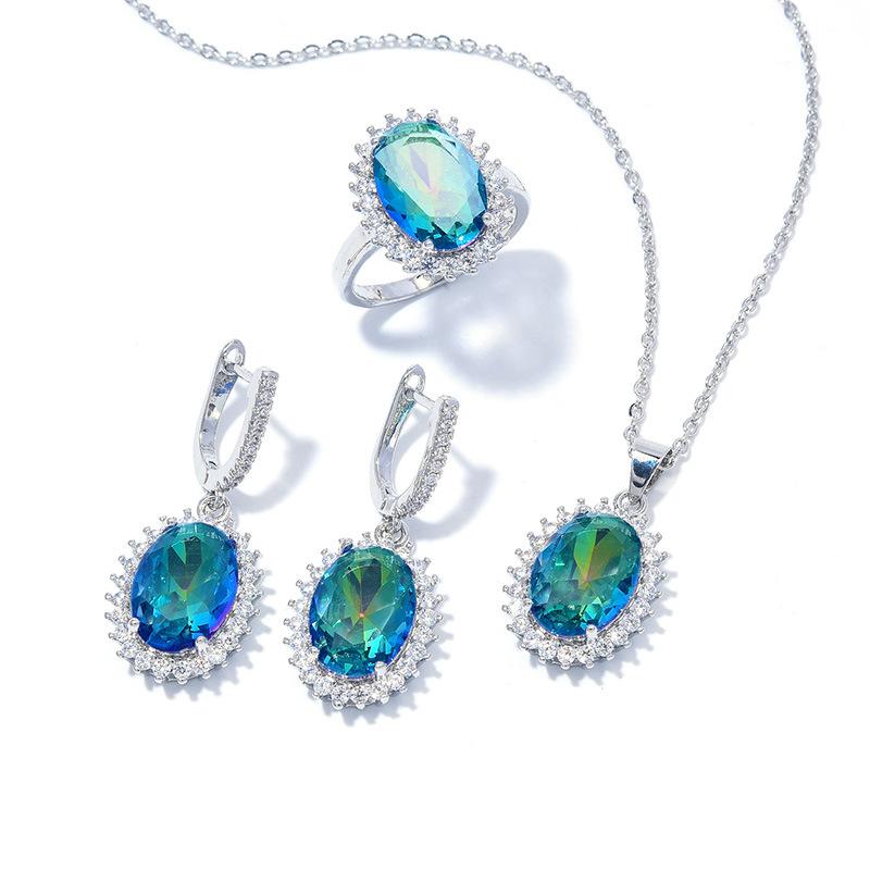 Комплект из овальных цирконов, кольцо Super Flash, серьги, ожерелье, комплект ювелирных изделий.