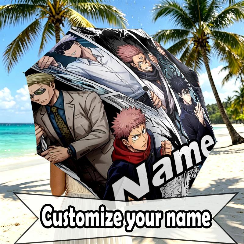 Custom Name Personalized Jujutsu Kaisen Print Umbrella, Auto Open Close, 8‑Rib Sturdy Frame, Commute Camping Hiking Use, Birthday Gift