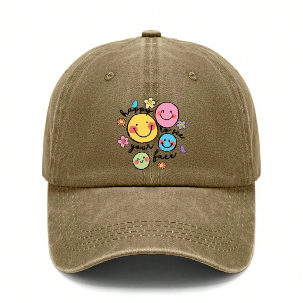 [ Face Baseball Cap] Cute Happy Faces Print Unisex Adjustable Breathable Baseball Hat For Women Men Summer Outdoor Sports