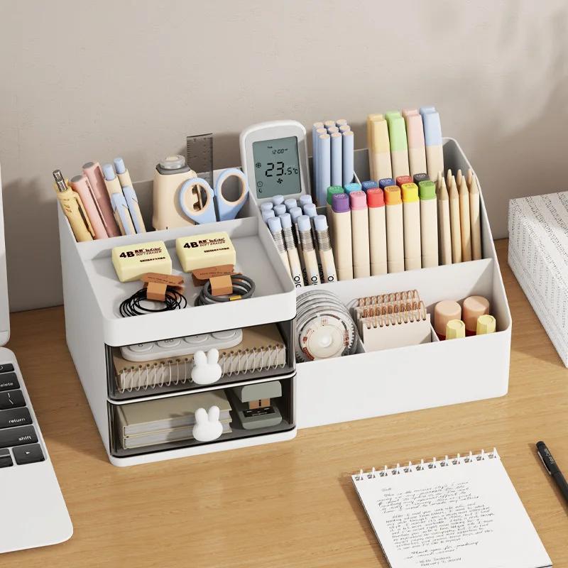 Transparent Desktop Cosmetic Storage Box Drawer Organizer with Pen Holder Stationery Storage Rack for Office Desks Makeup