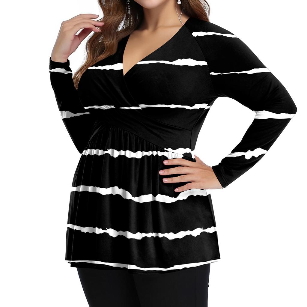 Женская рубашка большого размера с длинным рукавом, принт, плиссированный повседневный топ с V-образным вырезом