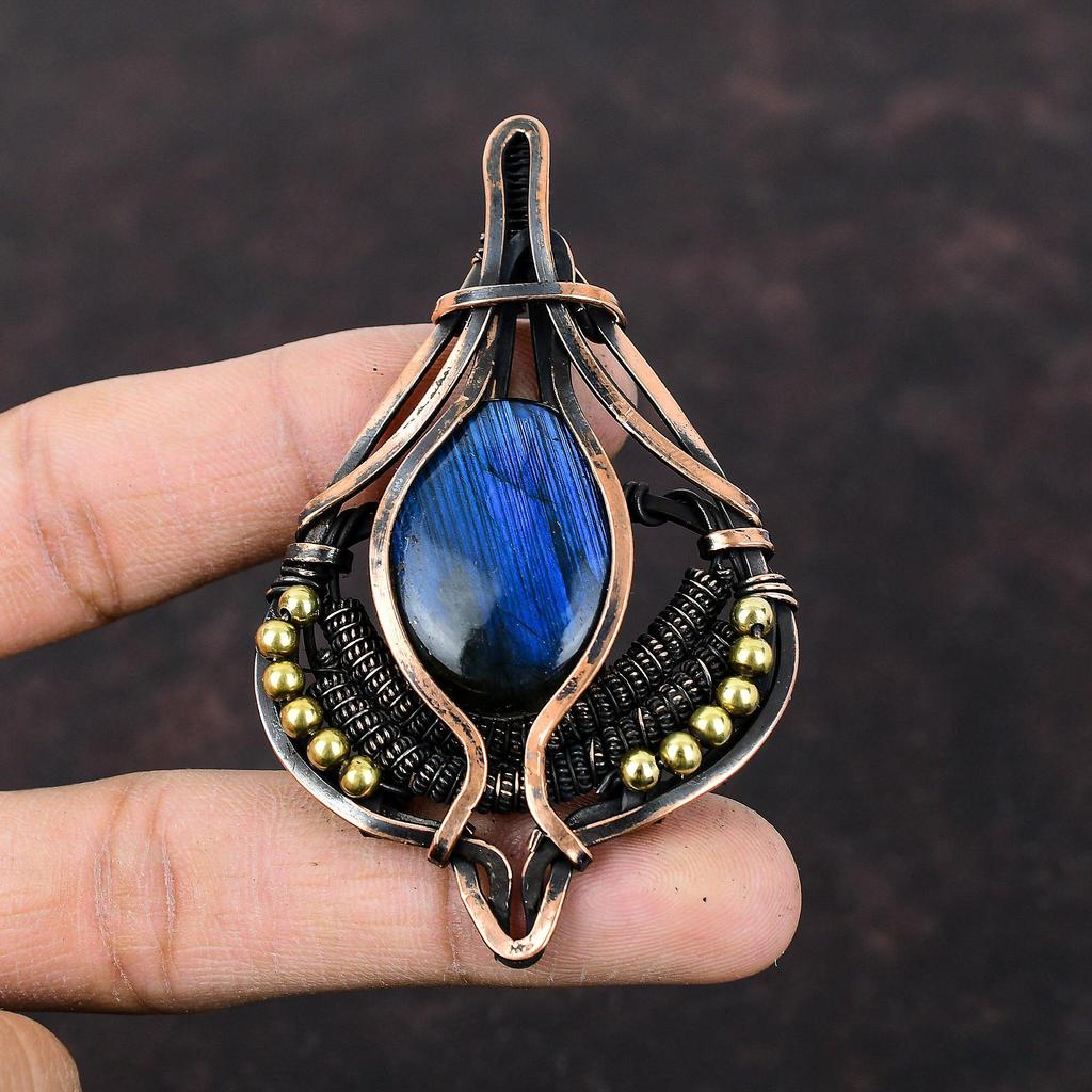 Подвеска из драгоценного камня лабрадорита, подвеска из медной проволоки, подвеска ручной работы, уникальный дизайн из меди, ювелирные изделия из проволоки, подарок для матери