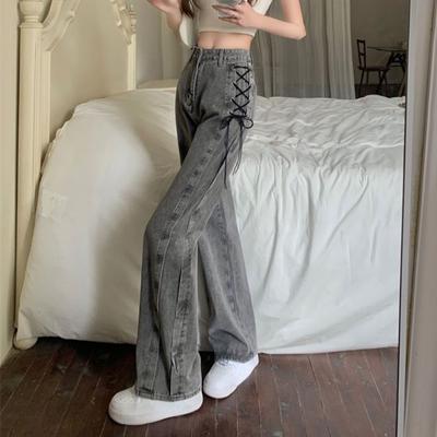 Черные, серые дизайнерские джинсы на шнуровке, женские винтажные прямые джинсовые брюки с высокой талией, женские осенне-зимние новые шикарные широкие брюки