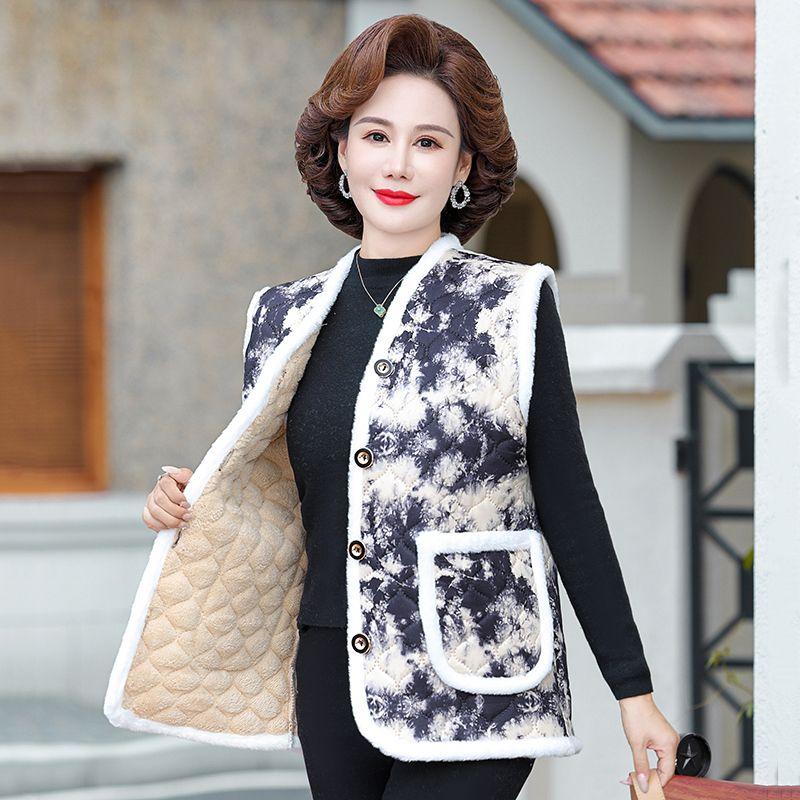 Autumn Winter Women's Flocking Vest Thick Warm Printed Fleece Cardigan Vest Outwear