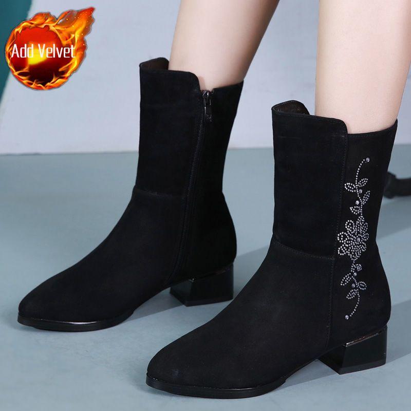 Модные полусапоги на среднем каблуке с флисовой подкладкой для женщин Зимние ботинки до середины икры со стразами Женские 2025 Новинка Y2k Косплей Новые Рок-ботинки