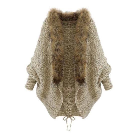 Женский кардиган с длинным рукавом, свитер, пальто с открытой передней частью, вязаный косами, с воротником из искусственного меха, зимняя теплая верхняя одежда