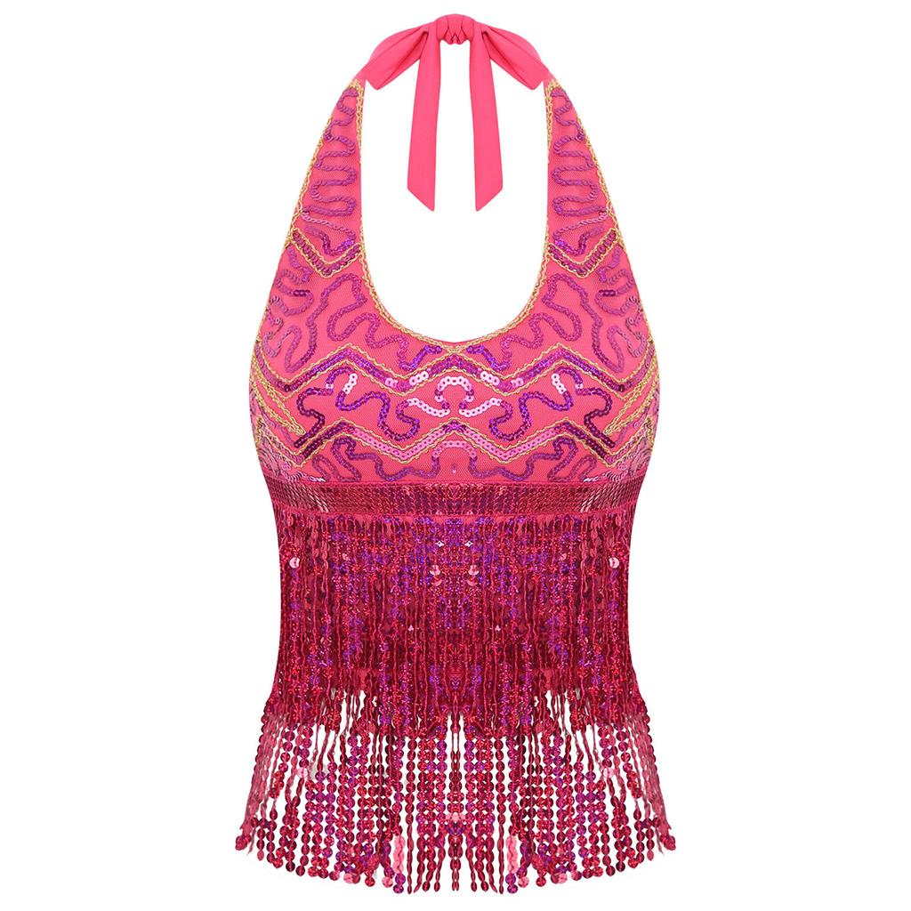 Womens Sleeveless Halter Top Sequins Tassel Fringe Crop Bra Dance Wear