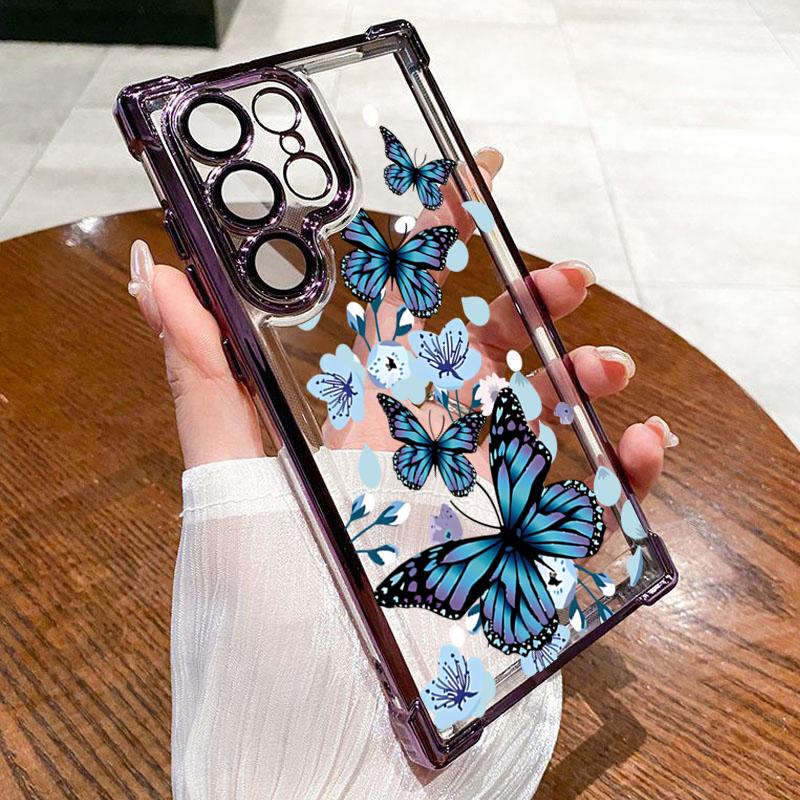 For Samsung Galaxy S23 S24 S25 Ultra S22 S21 Plus FE A55 A53 A35 A52s A36 A34 A54 A15 Blue Butterfly Plating Phone Case Cover