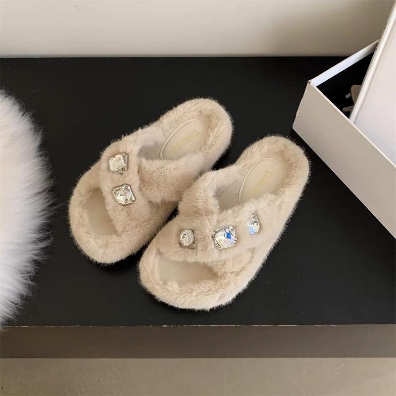 Новые модные меховые тапочки женские теплые плюшевые шлепанцы на плоской подошве на среднем каблуке женские туфли сплошные блестящие тапочки на платформе обувь Zapatos Mujer