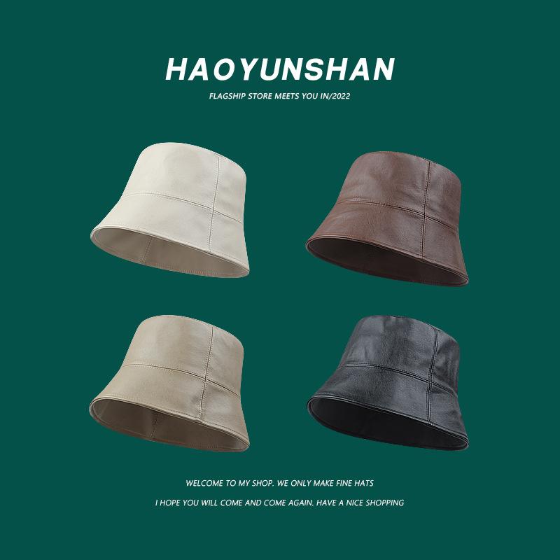 Japanese-style niche makeup for concealing the face pu Leather bucket hat for men and women, casual and versatile, makes the face look smaller,