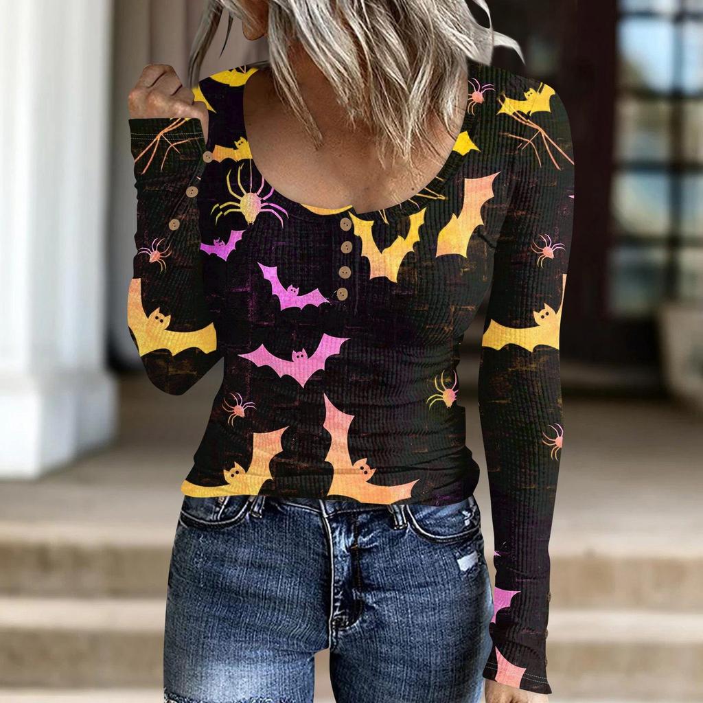 Женский модный повседневный свитер с длинными рукавами и принтом на пуговицах в стиле Хэллоуина