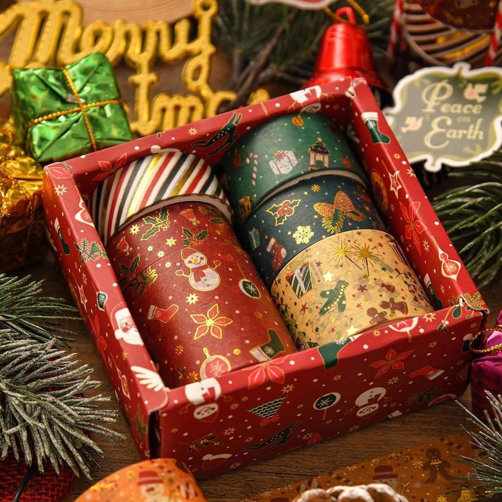 6rolls Merry Xmas Washi Tapes Set Gold Stamping Adhesive Masking Tape Christmas Decoration Stickers for Album Gift Packing