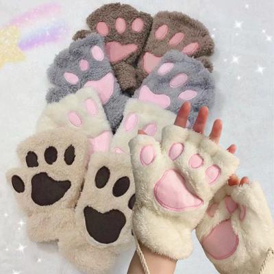 Новые милые пушистые перчатки без пальцев с кошачьими лапками, зимние теплые плюшевые варежки для женщин, мультяшные кавайные кошачьи коготи, мягкие термальные перчатки с половиной пальцев