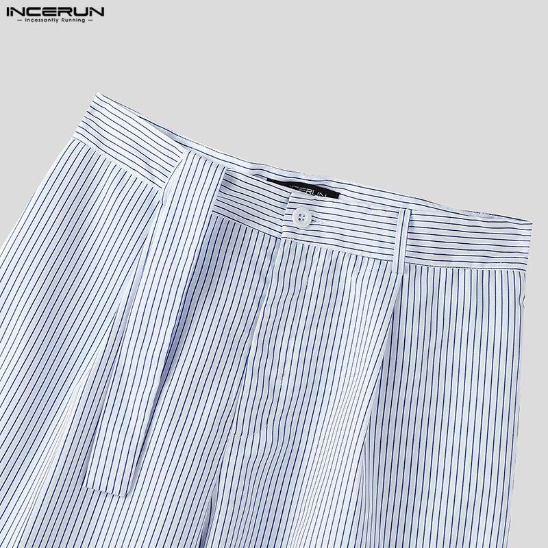 INCERUN Мужские наряды Стойка воротник Полосатый Длинный рукав Кроп-топы На молнии С высокой талией Длинные брюки Комплекты