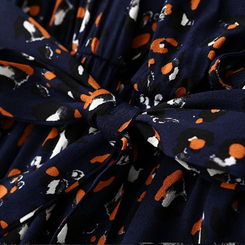 Foreign Trade Export French Style Floral Cross V-neck Lace-up Waist Hugging Slimming Rayon Long Sleeve Dress Spring Long Dress