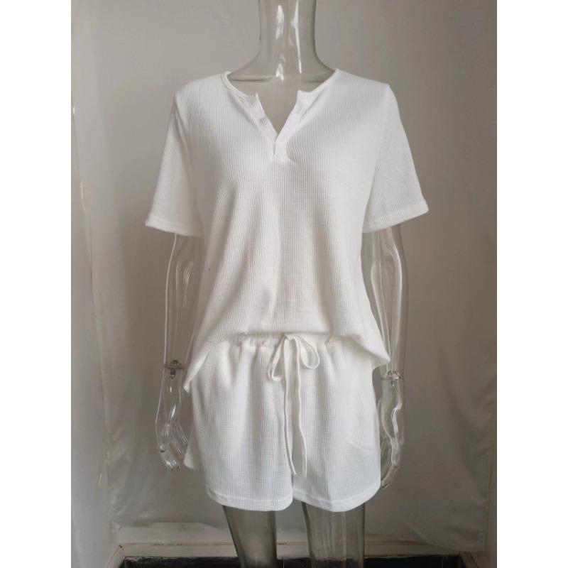 Women's Plus Size Fashion Casual Solid Colour Summer V-Neck Short Sleeve Top Shorts Suit