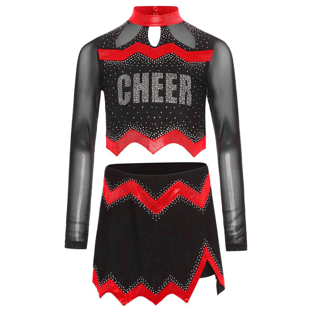 Girls Cheerleader Uniform Long Sleeve Crop Top Hollow Out Design Rhinestone Details Matching Dance Skirt Outfit