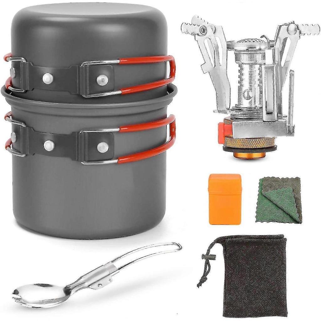 6pcs Camping Cookware Mess Kit With Lightweight Pot, Stove, Spork And Carry Mesh Bag, Great For Backpacking Outdoor Camping Hiking And Picnic