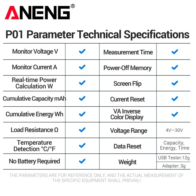 Цифровой вольтметр-амперметр ANENG P01 USB-тестер 4В-30В Емкость Энергия Температура Детектор быстрой мощности