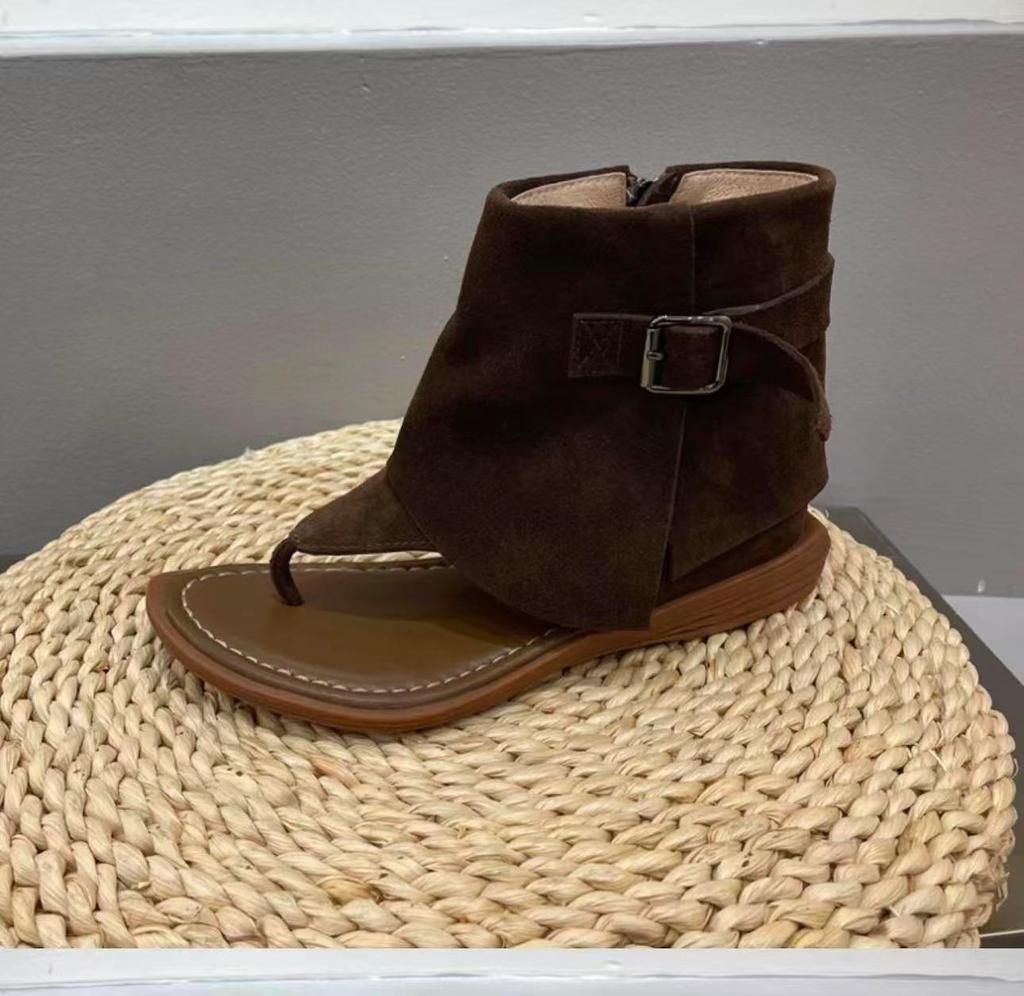 Leather New Fashionable Retro Toe Open-toed High-top Sandals Women's Side Zipper Cool Boots