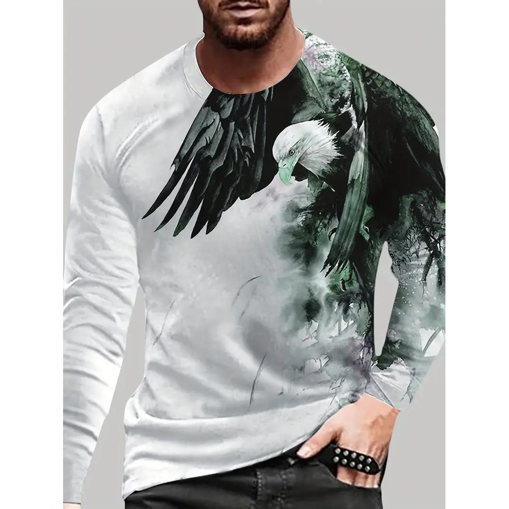 Осенние мужские топы свирепый орел с животным узором, футболка с 3D цифровой печатью, повседневные мужские футболки с круглым вырезом и длинными рукавами