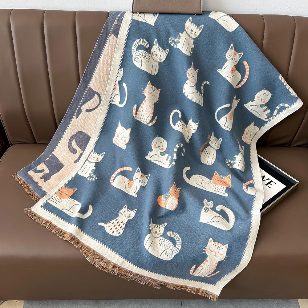 Двусторонний милый кашемировый шарф с котенком - Женский модный зимний шарф-шаль для согревания шеи