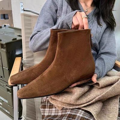 Кожаные матовые корейская версия тонкие ботинки короткие ботинки женские 2025 новые осень и зима на молнии сзади плоская подошва маленький квадратный носок короткие ботинки