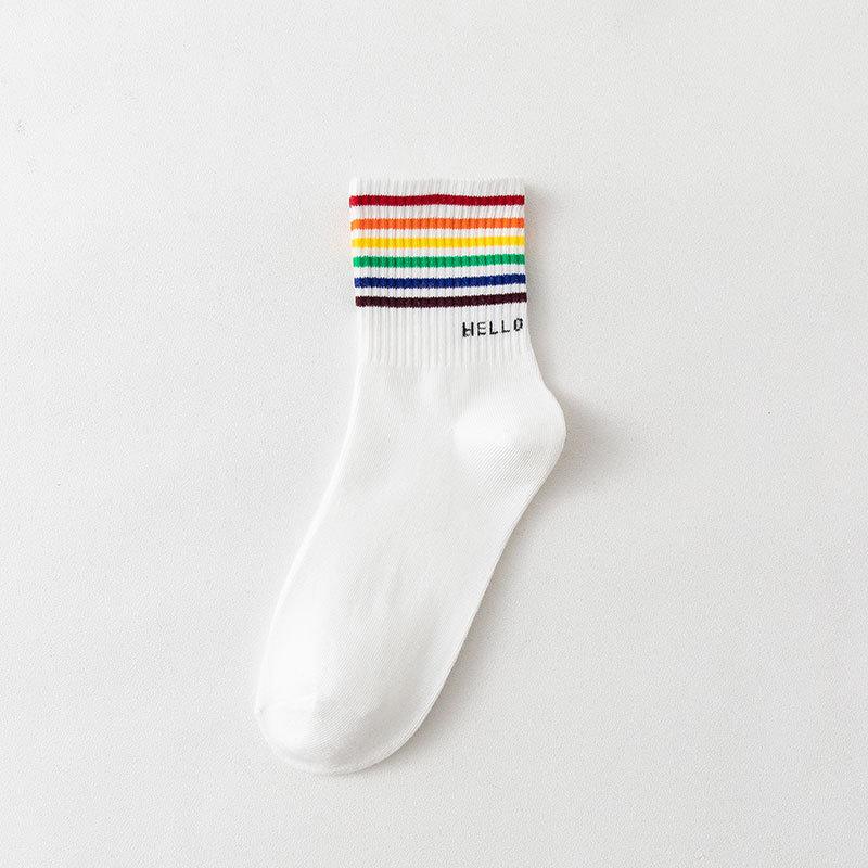 Autumn and Winter Women's Socks Mid-calf White Cartoon Student Bear Rainbow Letter Heart Smiling Face Striped Sports