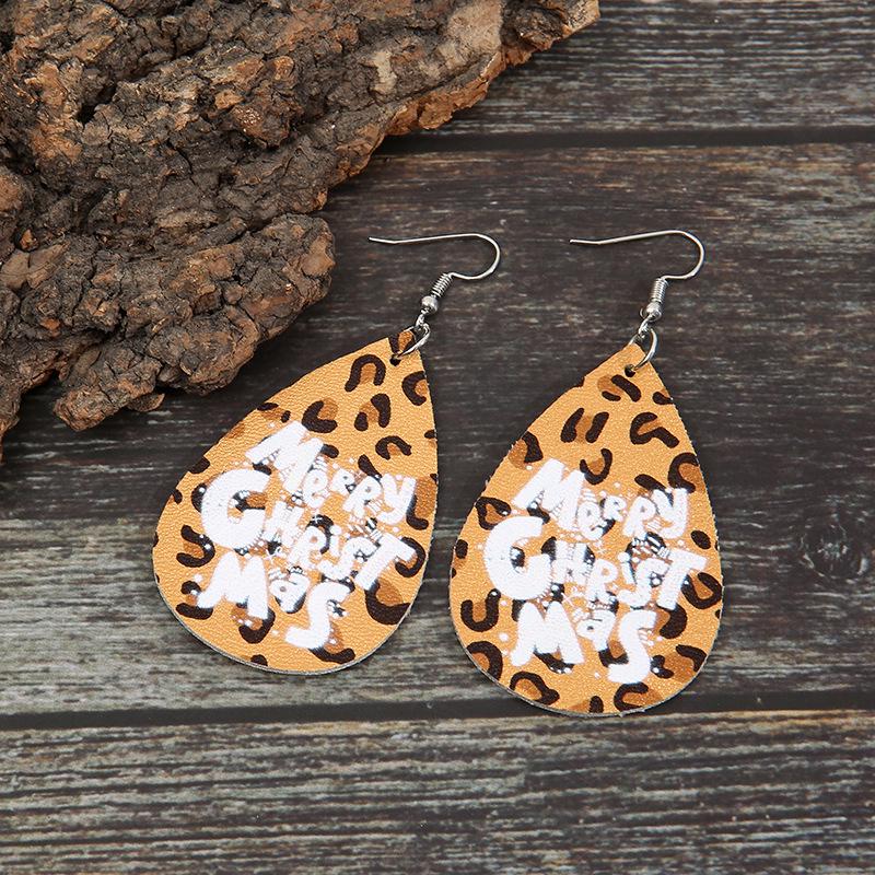 European & American Creative Christmas Tree PU Earrings with Double-Sided Leopard Print
