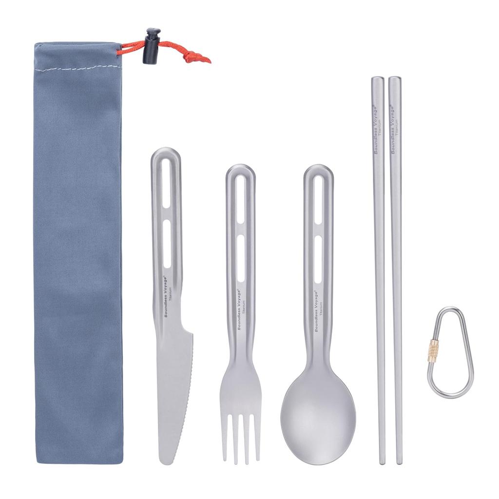 Boundless Voyage Titanium Cutlery Set Includes and Chopsticks with and Ideal for Outdoor Cooking and Includes Storage 4-Piece (Ti1125T) - Fork, Spoon,