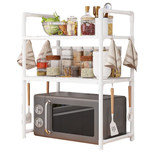 Microwave Rack, Adjustable Microwave Stand - Kitchen Countertop Utensil and Cutlery Organizer | Adjustable Countertop Utility Storage Rack with Hooks