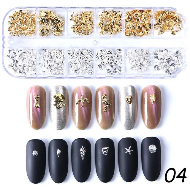 Золотые шпильки из сплава для дизайна ногтей Приморские 3D украшения Морская ракушка Звездные перья Очарование Металлический каркас Заклепки Блестки для ногтей