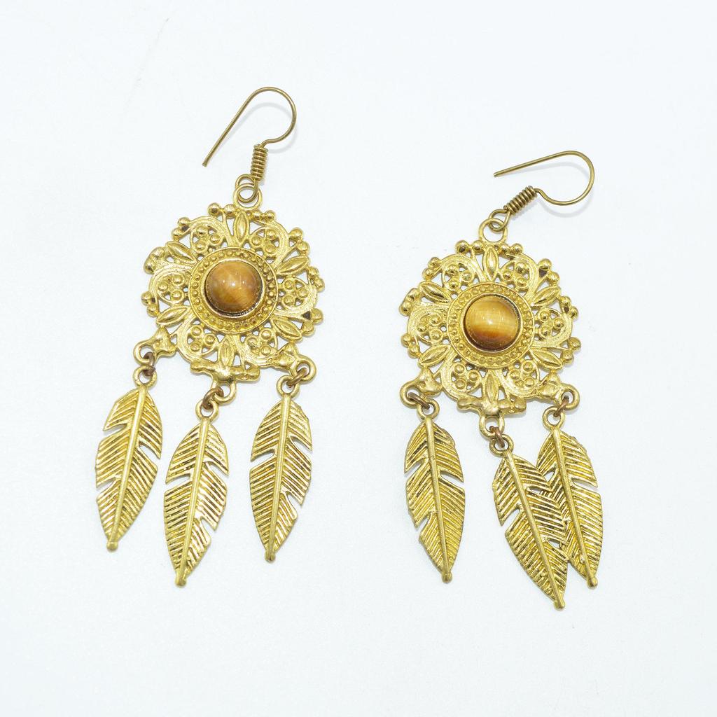 Brass Gold Plated Women's Earring, Natural Gemstone Cabochon Jewelry, Fashion Jewelry, Handmade Earring