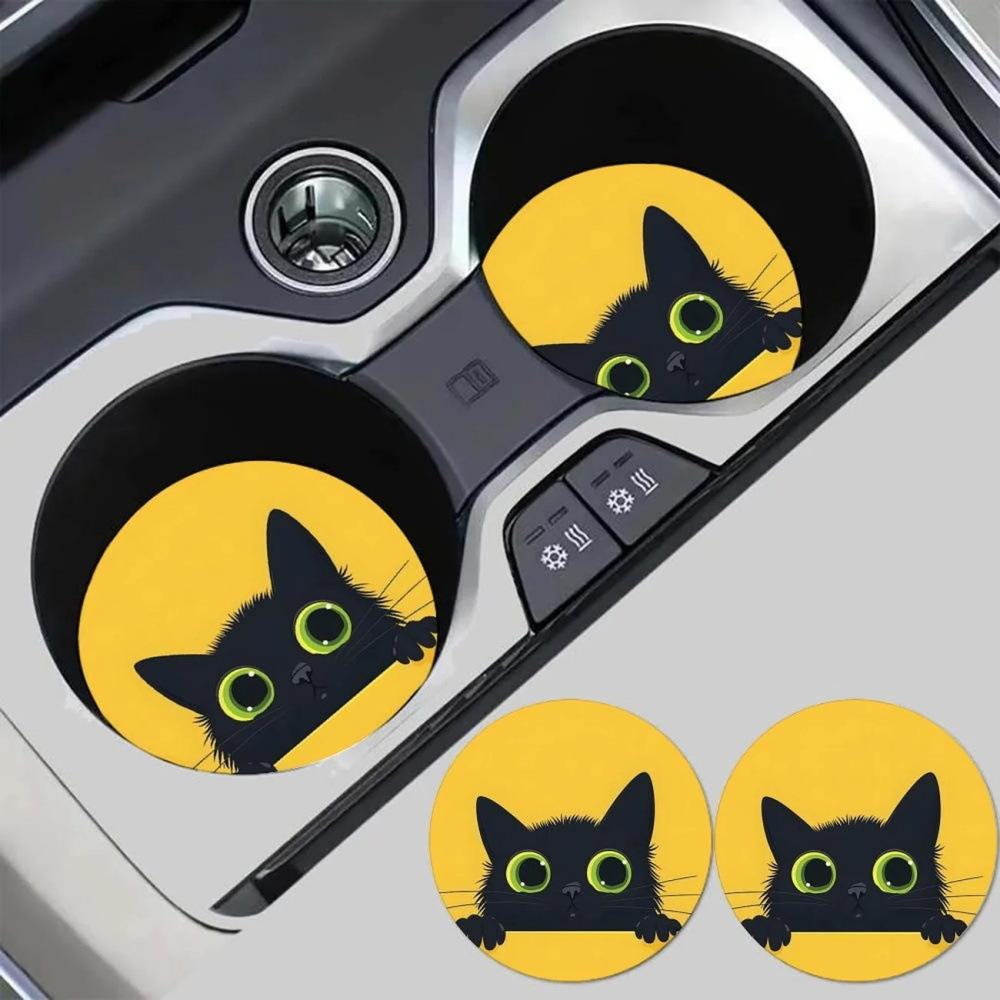 2PCS Yellow Black Cat Pattern Car Personalized Cup Holder Anti Slip Bottle Holder Cup Holder Car Interior Anti Slip Cup Holder