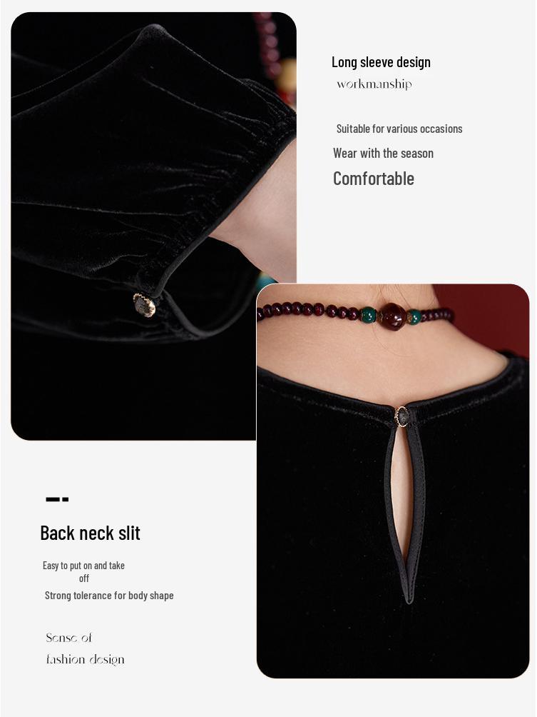 Топ кэжуал с длинным рукавом из жаккардового бархата из шелка тутового шелкопряда класса 6А с принтом тушью - Роскошь для осени/зимы