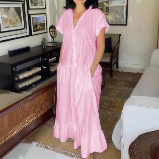 Женское летнее платье с лацканами и короткими рукавами, однотонное однобортное повседневное длинное платье