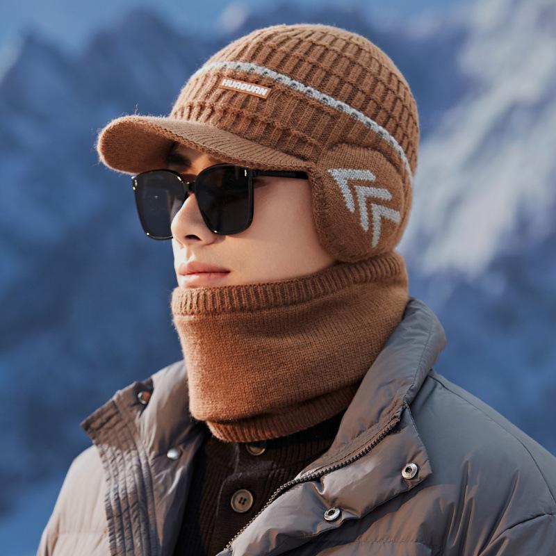Men's Korean Style Knitted Wool Winter Hat & Velvet Earmuff Scarf Set for Cycling