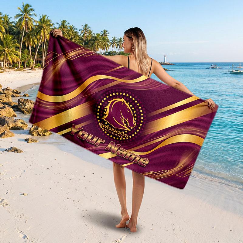 Brisbane Broncos Customized Name Text Beach Towel, Soft Absorbent Towel Beach Pool Travel Personal Gift