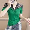 Summer Elastic V-Neck Hollow Out Lace Patchwork Mesh T-Shirt Women Sexy Off The Shoulder Tops Fashion Chic Beading Diamonds Tees